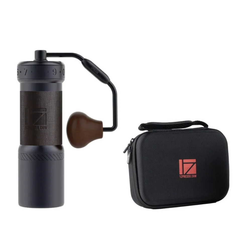 Iron-gray 1Zpresso K-Ultra hand grinder with a wooden handle knob and zippered carrying case