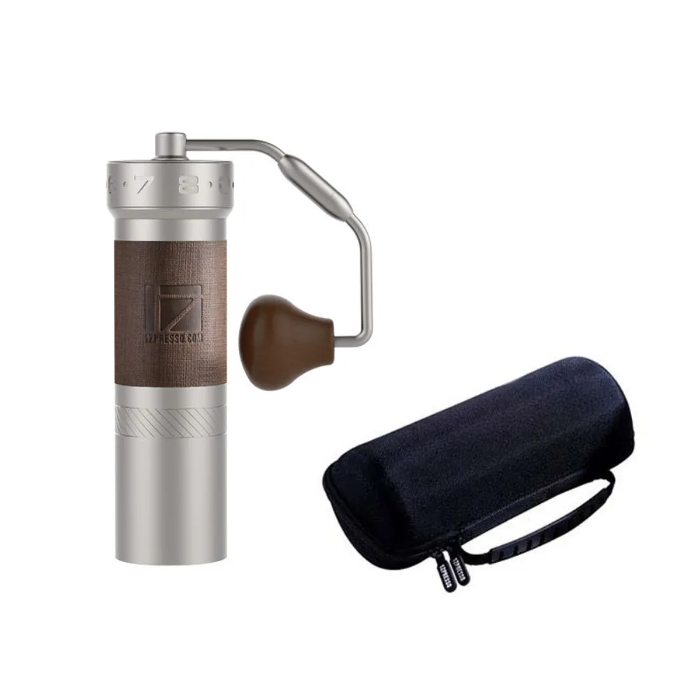 Silver 1Zpresso ZP6 Special hand grinder with a brown grip and cylindrical carrying case