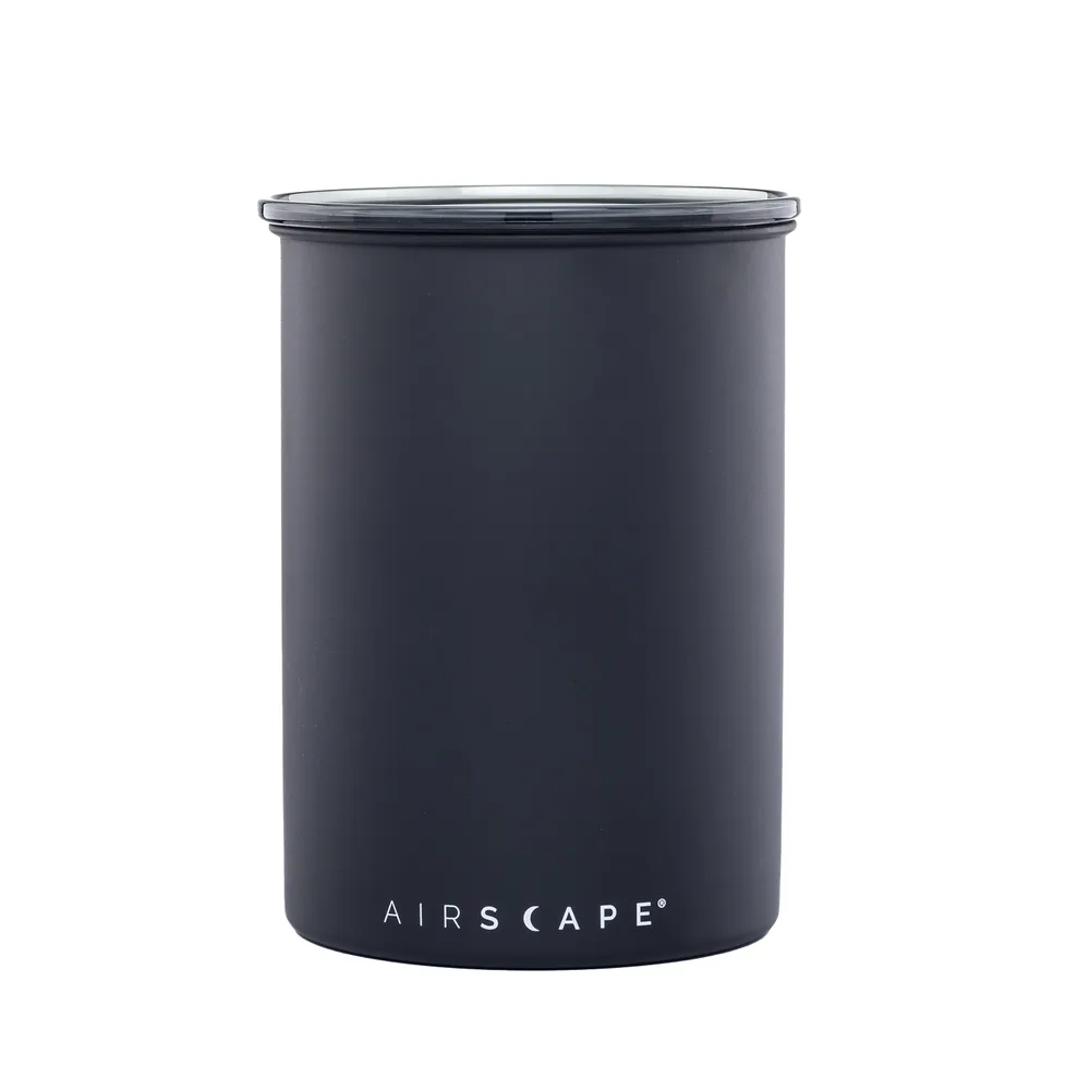 Matte-black medium Airscape Classic coffee canister with its outer lid fitted