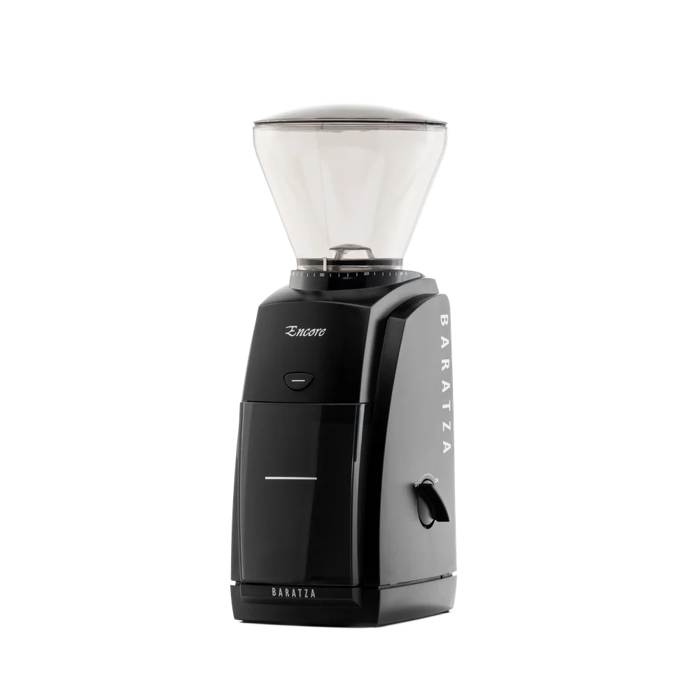 Black Baratza Encore with a clear bean hopper, front pulse button and grounds bin
