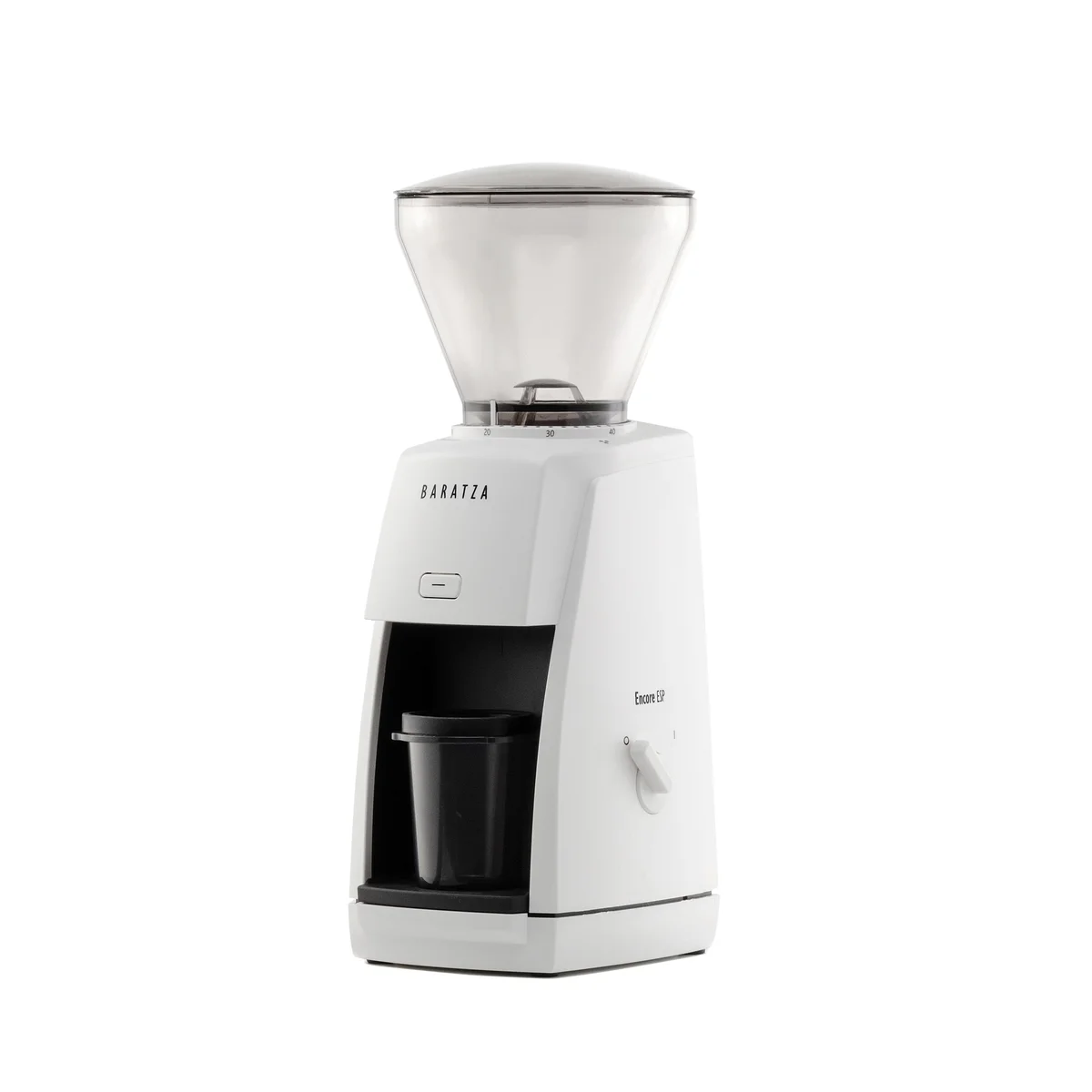 White Baratza Encore ESP with its hopper and espresso dosing cup