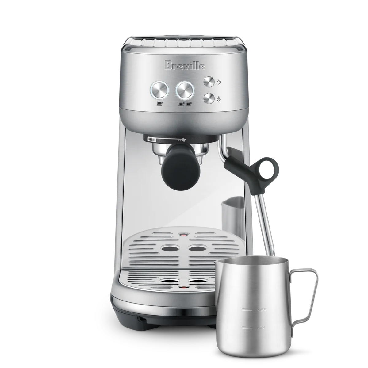 Breville Bambino BES450 in stainless steel with manual steam wand and milk jug