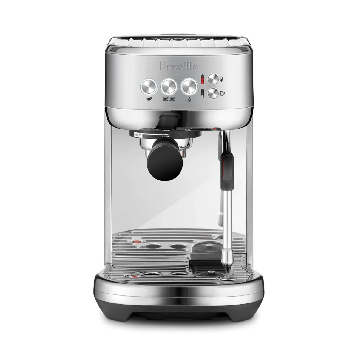 Stainless-steel Breville Bambino Plus espresso machine with portafilter and steam wand