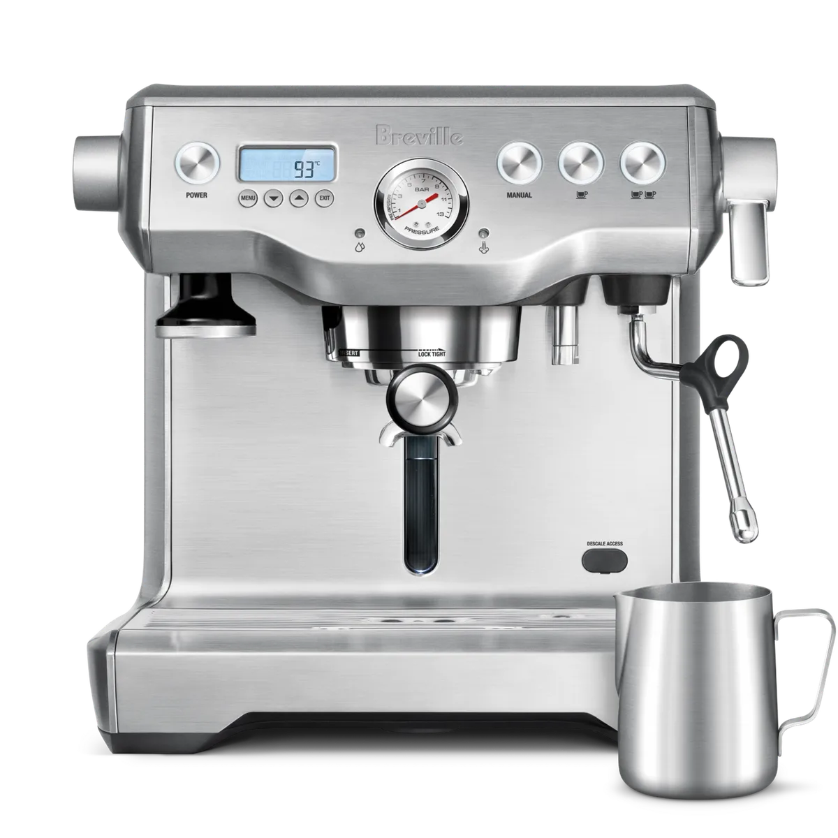 Stainless-steel Breville Dual Boiler BES920 with pressure gauge, LCD screen and manual steam wand