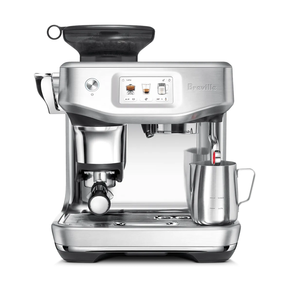 Stainless-steel Breville Barista Touch Impress with integrated grinder, side tamping lever and touchscreen