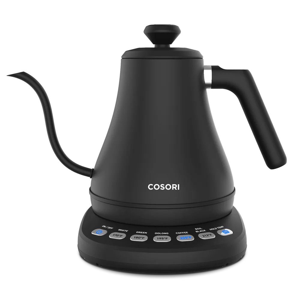 Black COSORI Original CO108-NK gooseneck kettle with five temperature-preset buttons on its base
