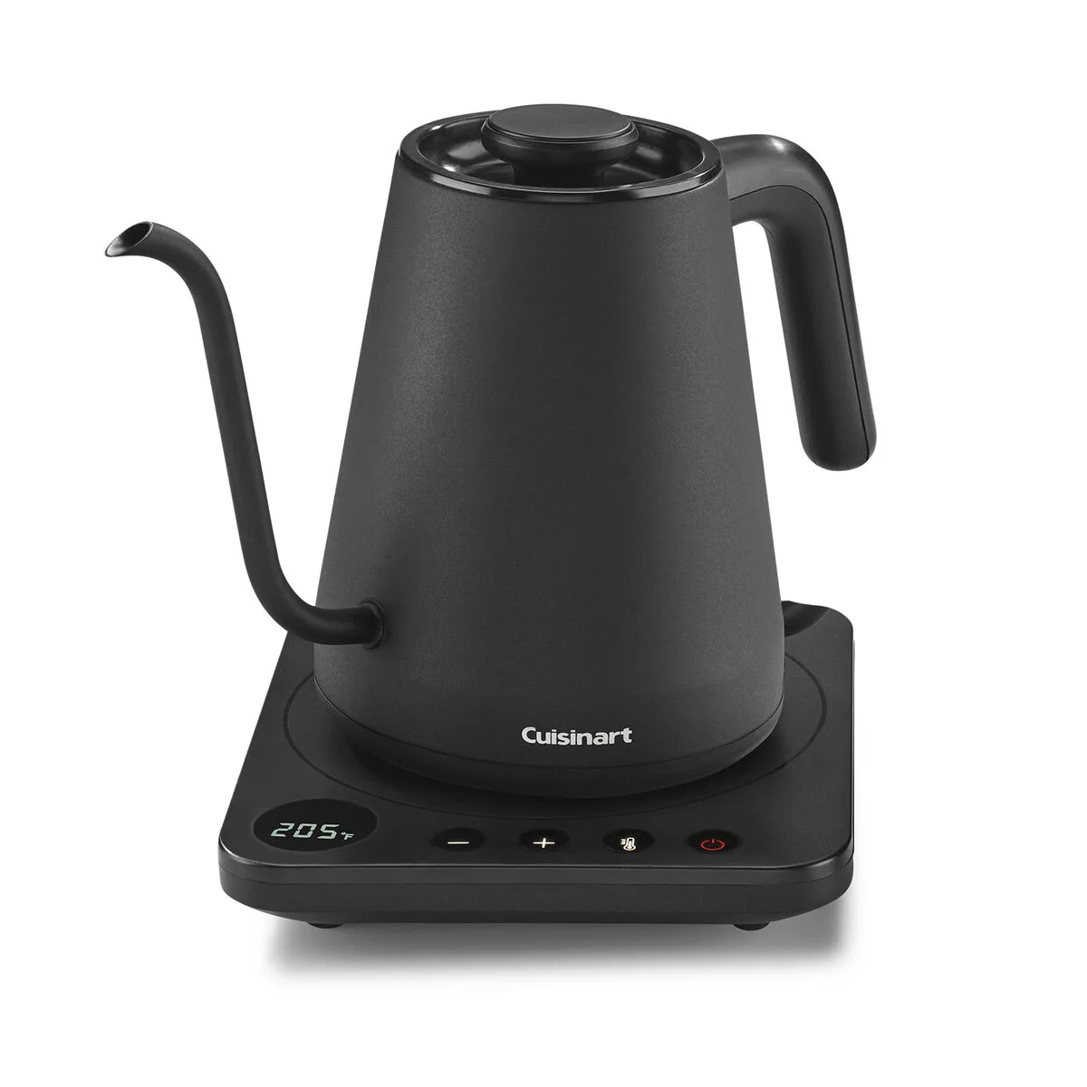 Matte black Cuisinart GK-1 gooseneck kettle on its touchpad temperature-control base