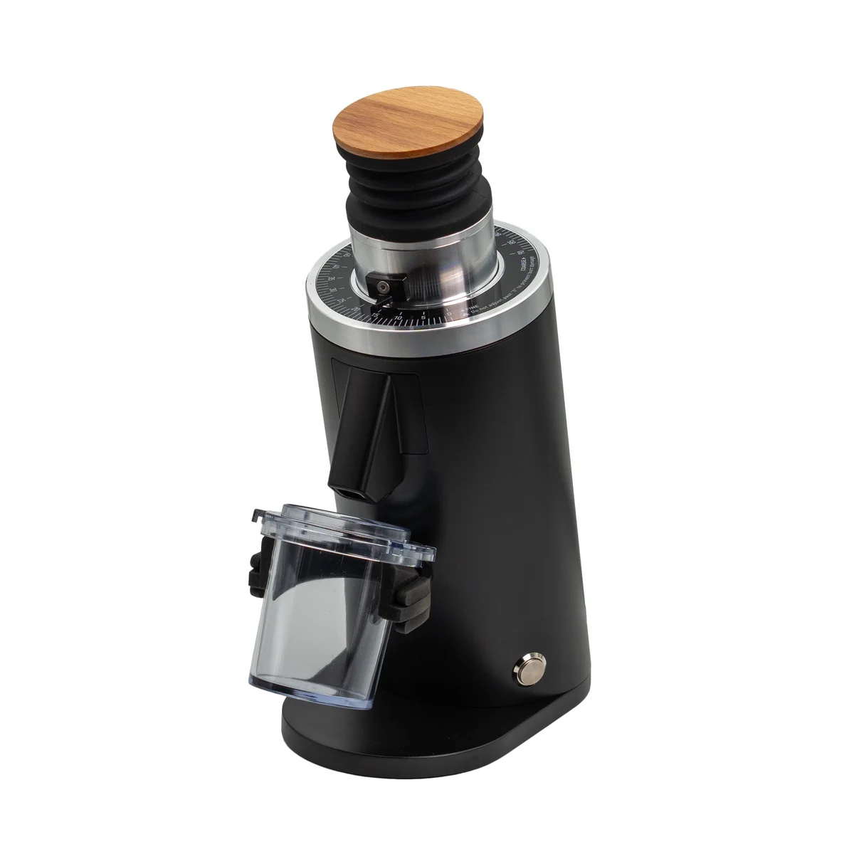 Black MiiCoffee DF54 grinder with a wooden lid, bellows and clear dosing cup