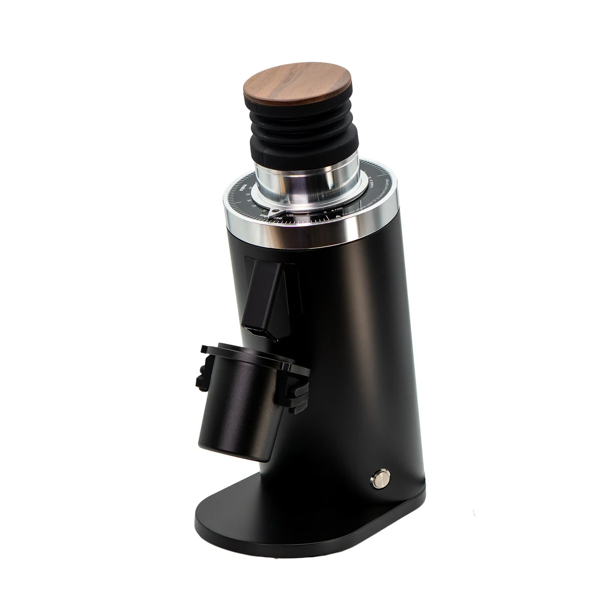 Black MiiCoffee DF64 Gen 2 grinder with a wooden lid, bellows and dosing cup