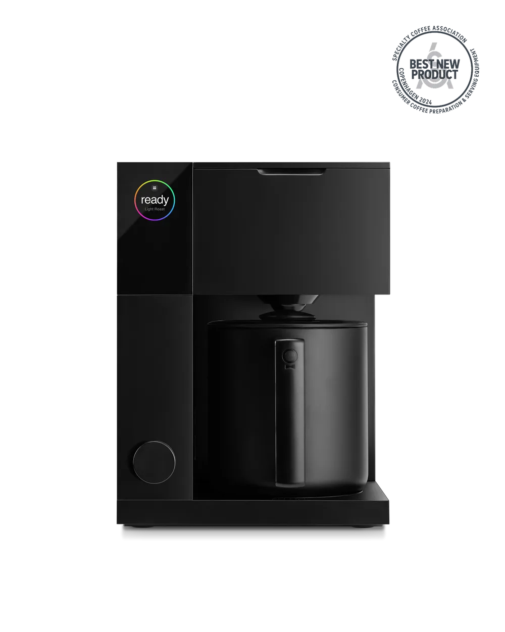 Matte black Fellow Aiden Precision Coffee Maker with its thermal carafe and front dial
