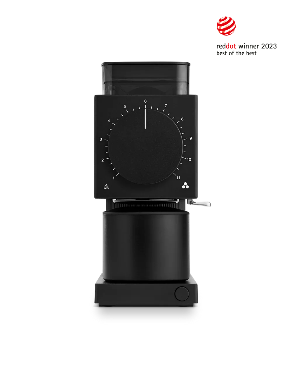 Matte black Fellow Ode Gen 2 with its front grind dial and matching catch cup