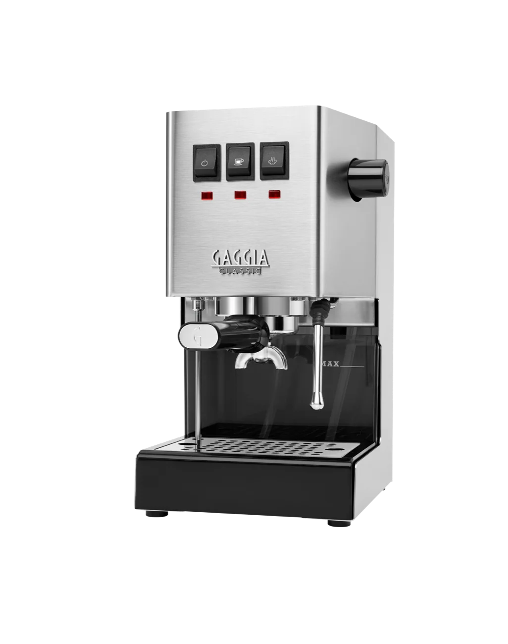 Stainless-steel Gaggia Classic E24 with three rocker switches, portafilter and manual steam wand