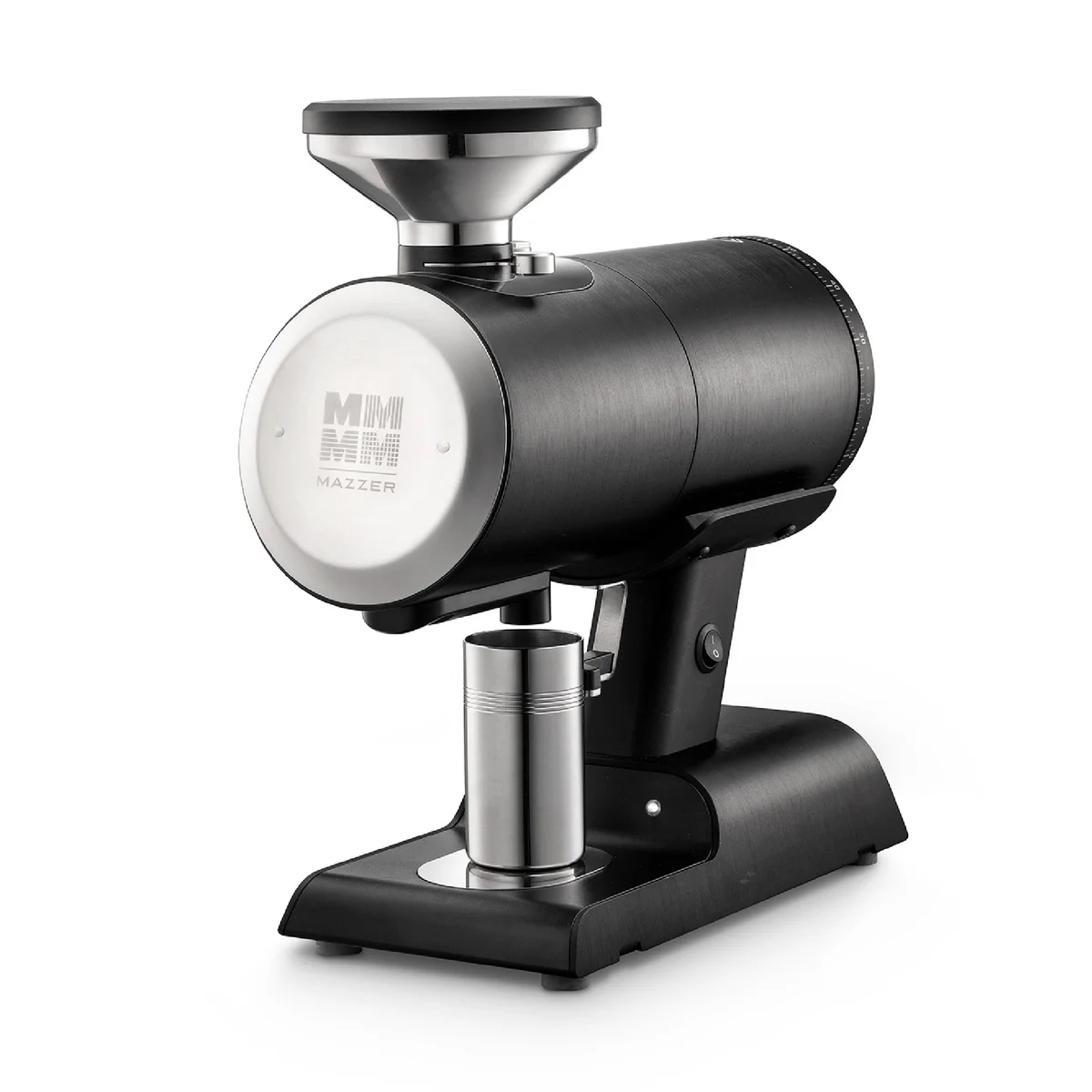 Black Mazzer Philos grinder with a silver front plate, bean hopper and steel dosing cup