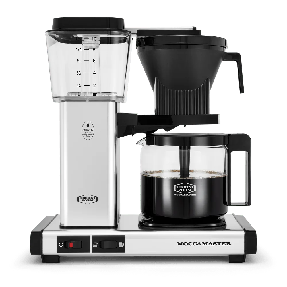 Polished silver Moccamaster KBGV Select with glass carafe, water reservoir and half-or-full-carafe switch