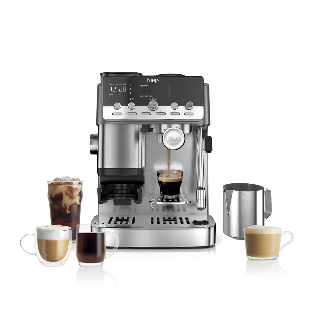 Ninja Luxe Café Mini Plus ES351 with integrated grinder, milk jug and example drinks