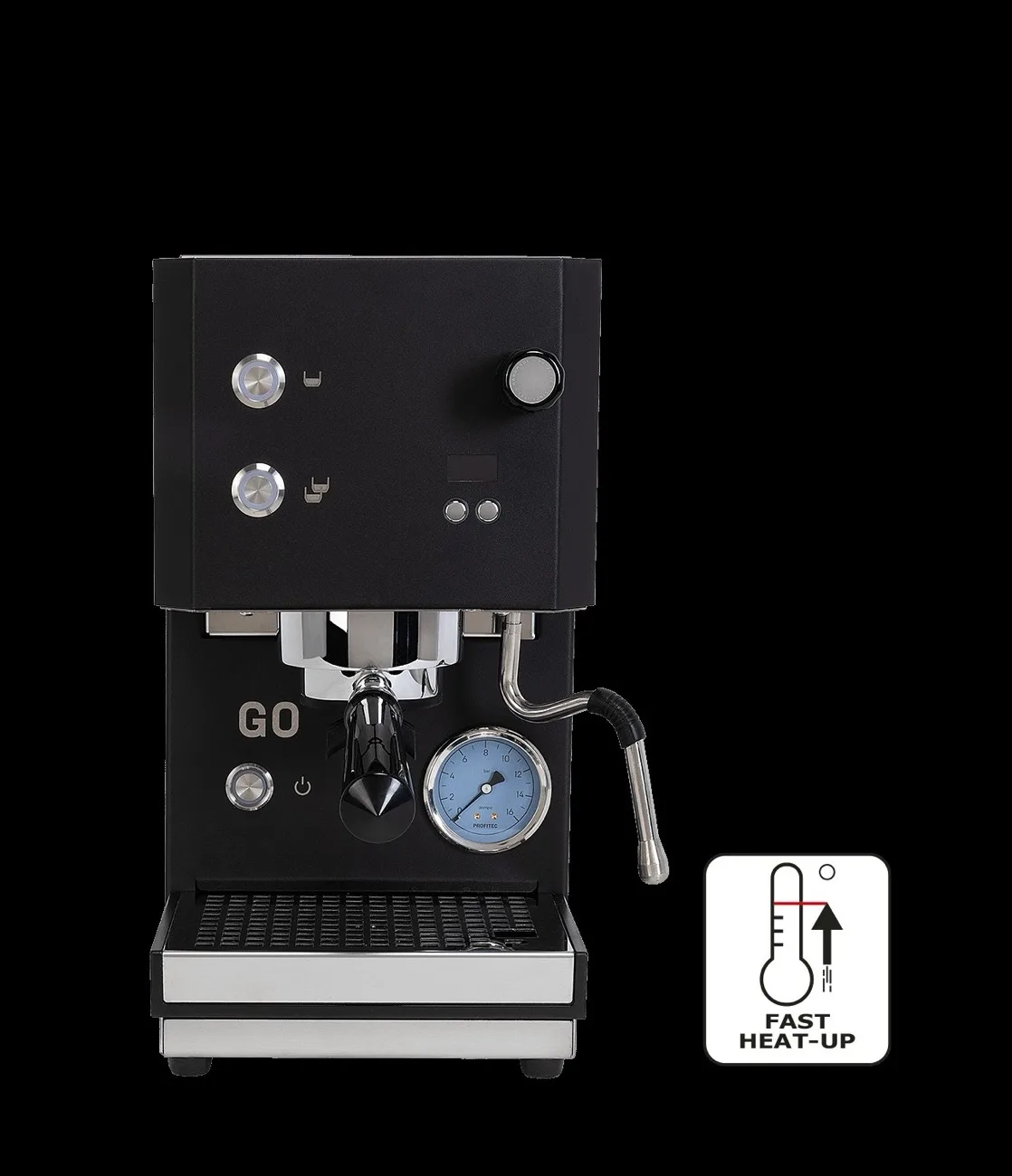 Profitec GO espresso machine with brew pressure gauge and temperature display above the drip tray