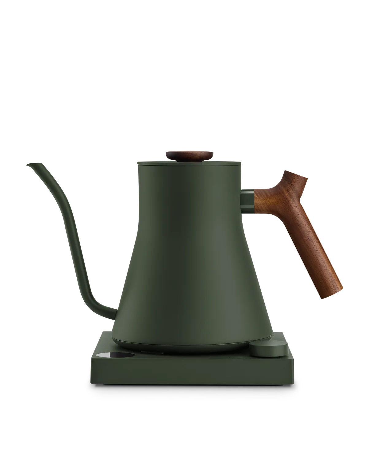 Fellow Stagg EKG Pro in Woodland green with a walnut handle and matching electric base