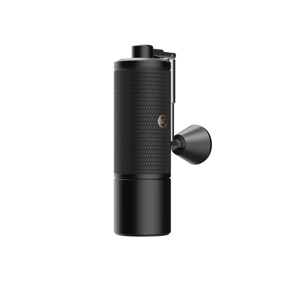 Etched black Timemore C5 ESP Pro hand grinder with its metal handle folded alongside the body