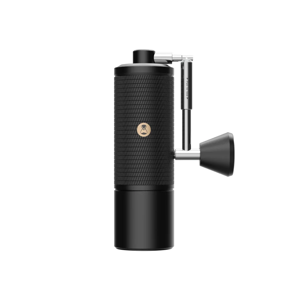 Etched black Timemore Chestnut C5 Pro hand grinder with its handle folded beside the body