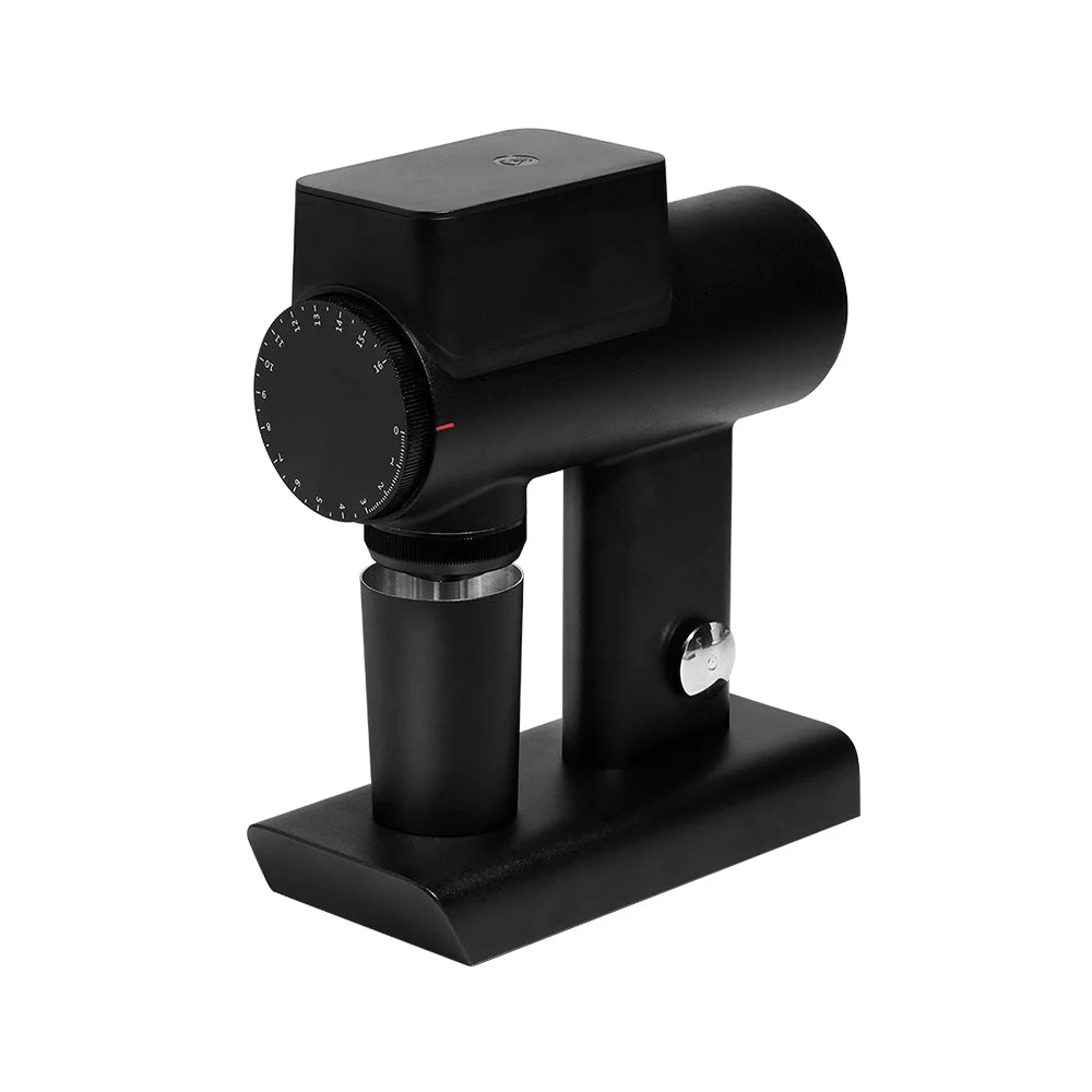 Black Timemore Sculptor 064S grinder with a front adjustment dial and matching dosing cup