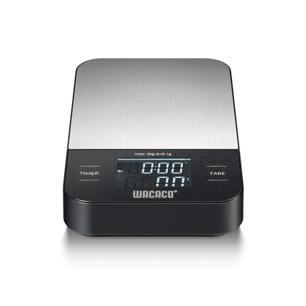 Wacaco Exagram coffee scale with a silver weighing platform above its timer and weight screen
