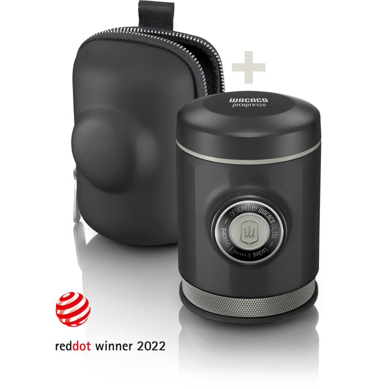 Black Wacaco Picopresso manual espresso maker beside its zippered protective case